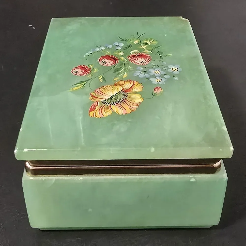 Alabaster Green ONYX Floral Keepsake Trinket‎ Box Marble Gold